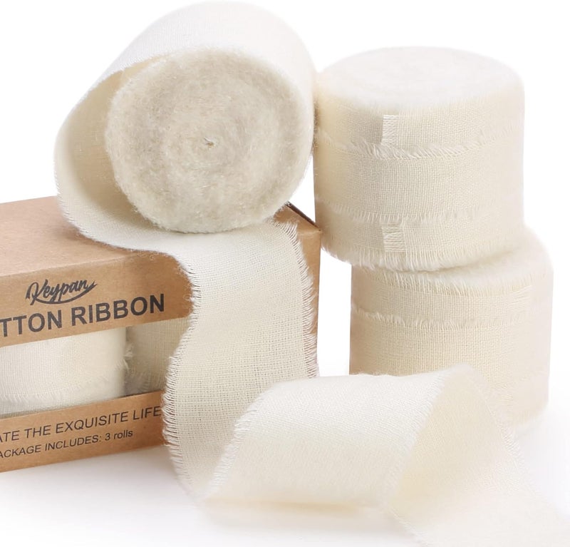 Keypan Ivory Ribbon 1-1/2 x 15 Yards Handmade Cotton Frayed Fringe Fabric Ribbons for Crafts Flower Bouquets Wedding Baby Shower Home DIY Decor - Image 1